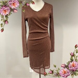 FAVLUX Shimmering gold Brown Long Sleeve stretchy mini Dress
